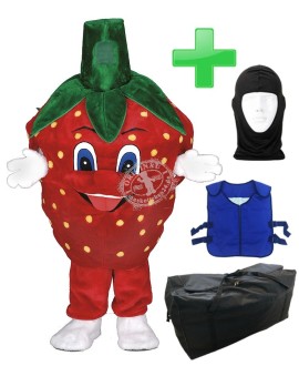 Kostüm Erdbeere + Kühlweste "Blue M24" + Tasche "XL" + Hygiene Maske (Hochwertig)