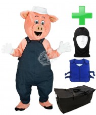Maskottchen Schwein 11 + Kühlweste "Blue M24" + Tasche "Star" + Hygiene Maske (Hochwertig)