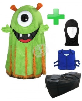 Kostüm Alien / Monster "Grüner Hugo" + Kühlweste "Blue M24" + Tasche "XL" + Hygiene Maske (Hochwertig)