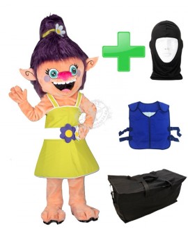 Kostüm Troll Frau + Kühlweste "Blue M24" + Tasche "Star" + Hygiene Maske (Hochwertig)