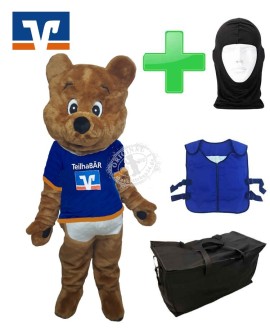 "Teilhabär" VR-Bank Kostüm + Tasche "Star" + Kühlweste "M24" + Hygiene Maske (Hochwertig)